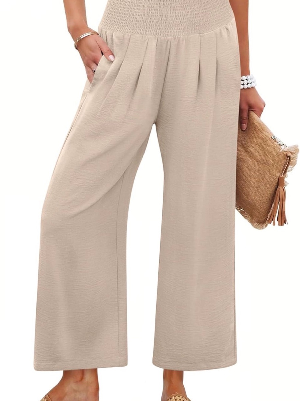 High-Waist Wide Leg Women's Pants in Light Beige